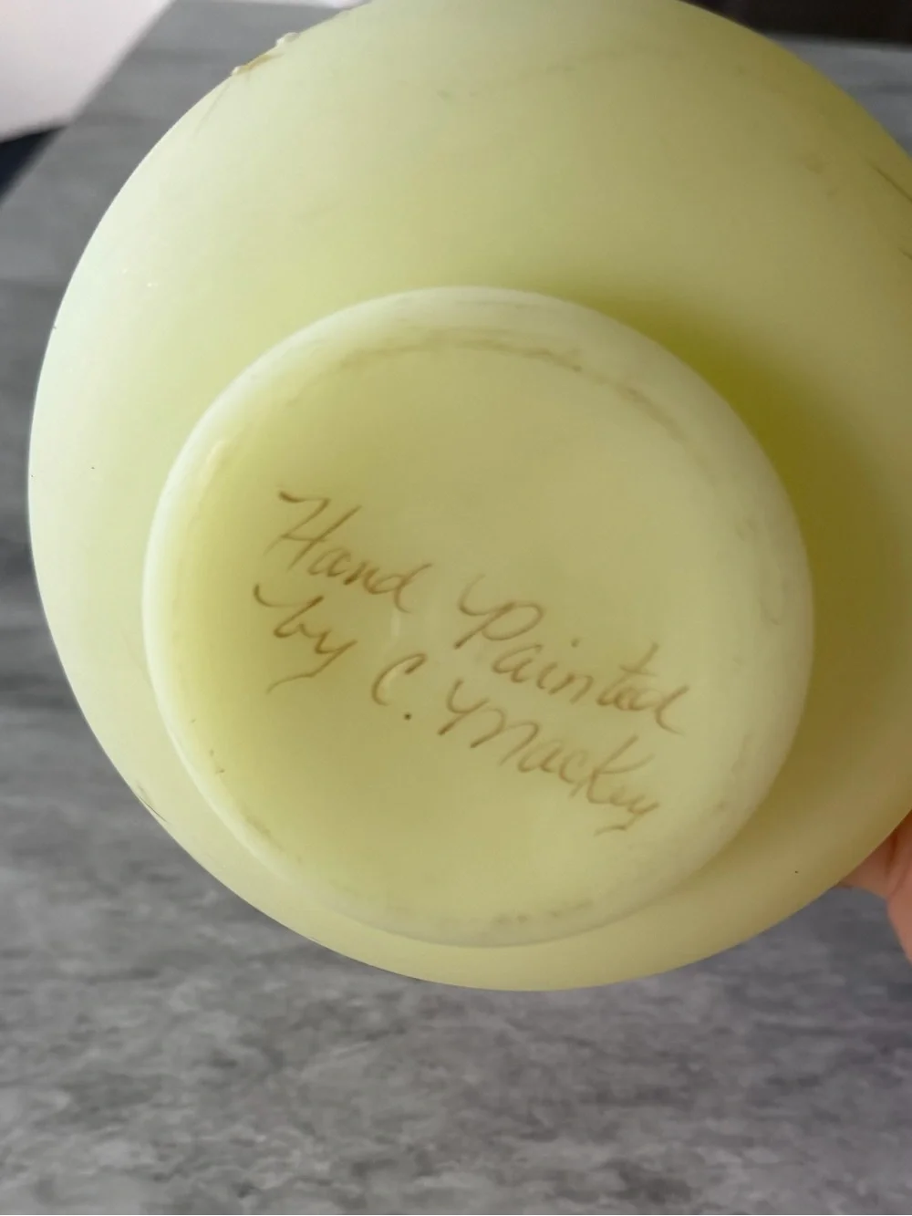 FENTON Yellow Satin Vaseline Custard Glass Vase Daisy Signed  C.Mackey 7